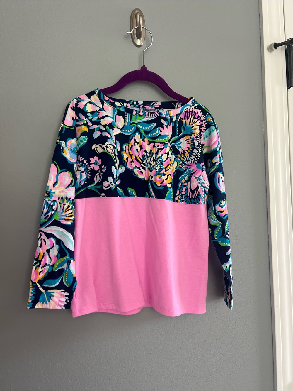 Lilly Pulitzer Girls Navy Floral Colorblock Long Sleeve Top